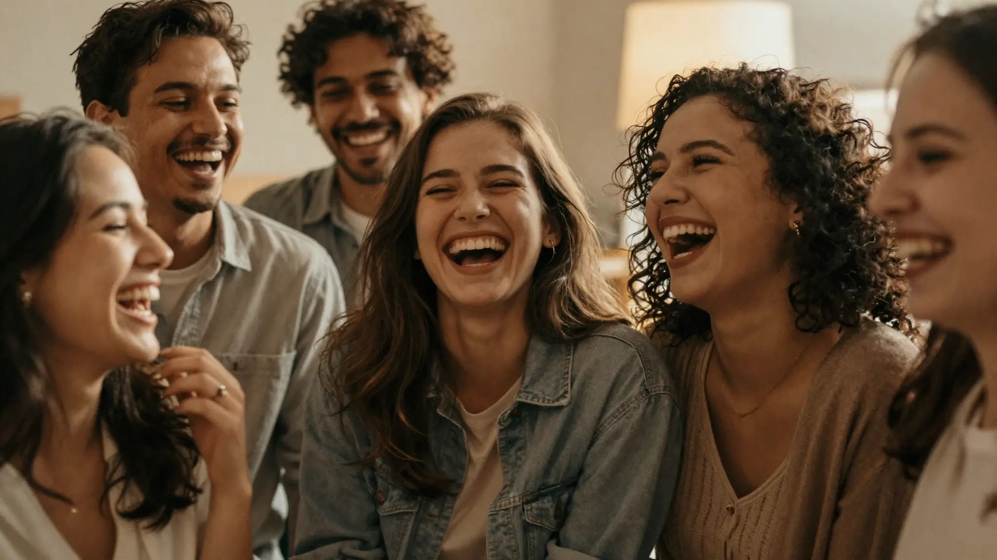 مجموعة أصدقاء يضحكون بصدق وفرح في ضوءٍ دافئ، صورة تعبّر عن الضحك والبهجة والتواصل الاجتماعي